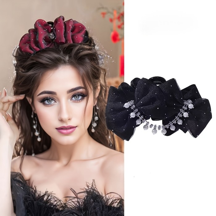 1pc Elegant Hair Claw Clip 1pc Elegant Mesh Bow Hair Claw Clip, Heart Rhinestone Embellished Velvet Hair Accessory, Large Plastic Hair Grip for Women, Suitable for Ages 14+, with Random Color Placement