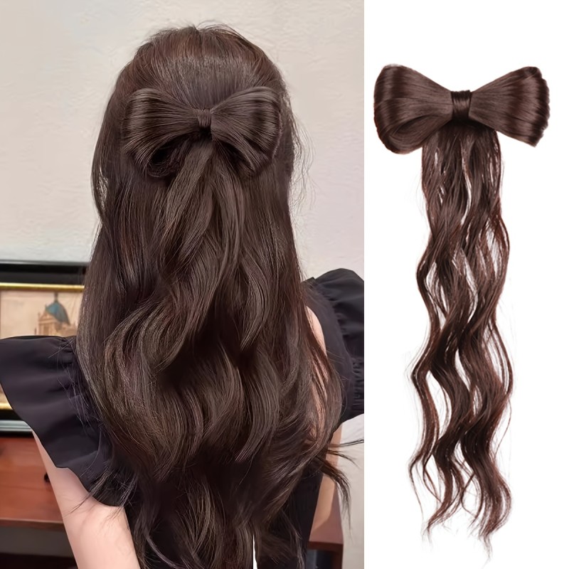 1pc Sweet Y2K Style Alloy Bow Tie Hair Clip, Solid Color Synthetic Hair Extension, Realistic Curly Ponytail Bun Hairpiece, Single Piece