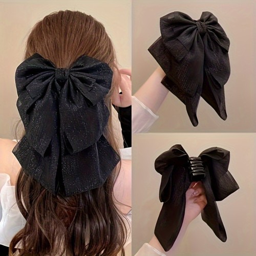 Large Elegant Black Bow Hair Clip - Chic Ribbon Ponytail Holder for Women, Perfect Valentine's Gift