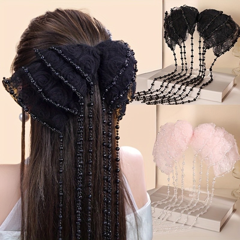 AYLHFO Elegant Lace Butterfly Bow Hair Clip with Long Tassels - Large Floral Spring\u002FSummer Accessory for Women, Ideal for Weddings and Parties, Mixed Colors, Wedding Hair Accessory|Glamorous Style|Spring\u002FSummer Wear