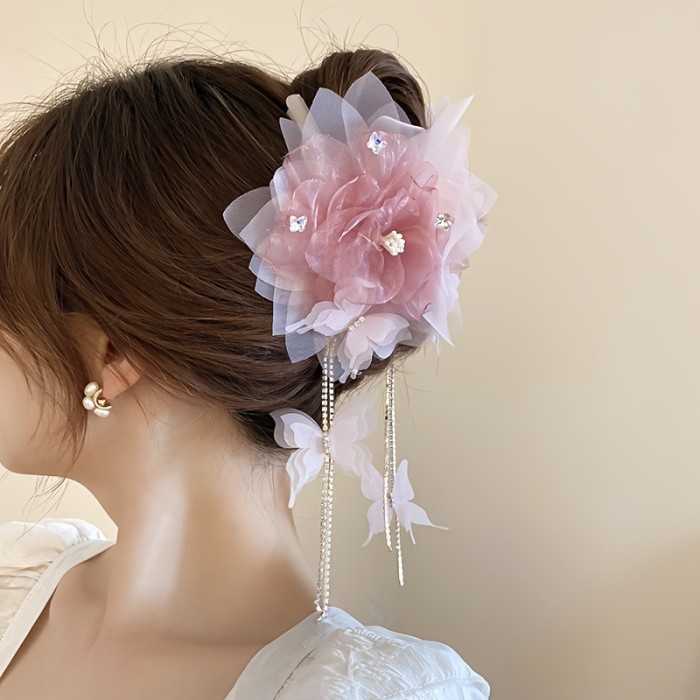 1pc Elegant Acrylic Flower Hair Claw with Rhinestone Butterfly Tassel, Sweet Style Mesh Hair Accessory, Single Piece, Middle Size, Color Matching Design