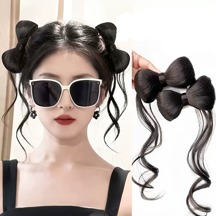1pc Sweet Y2K Style Alloy Bow Tie Hair Clip, Solid Color Synthetic Hair Extension, Realistic Curly Ponytail Bun Hairpiece, Single Piece
