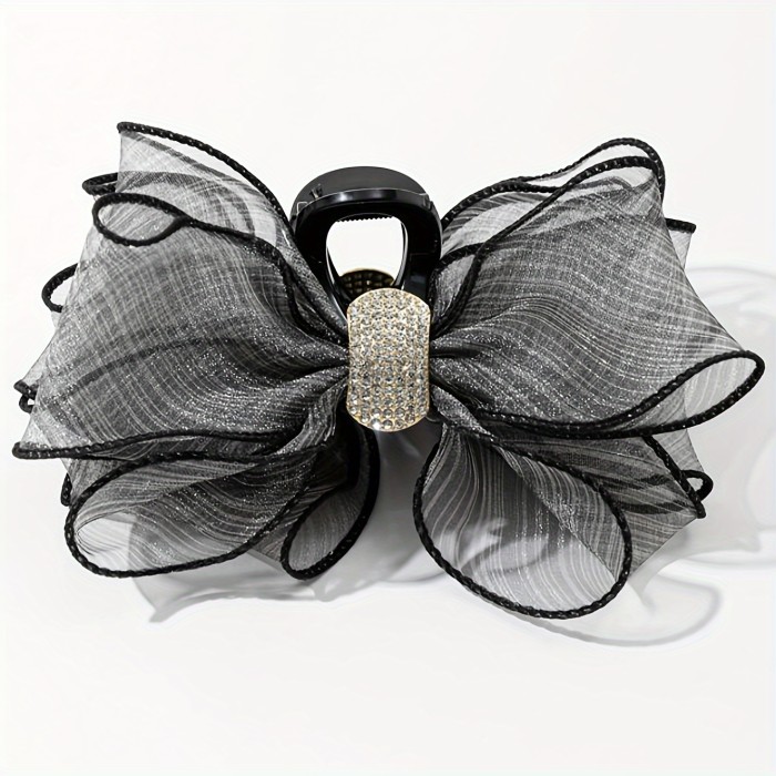 Elegant Rhinestone Mesh Bow Hair Claw - Large, Non-Slip Ponytail Holder for Women and Girls