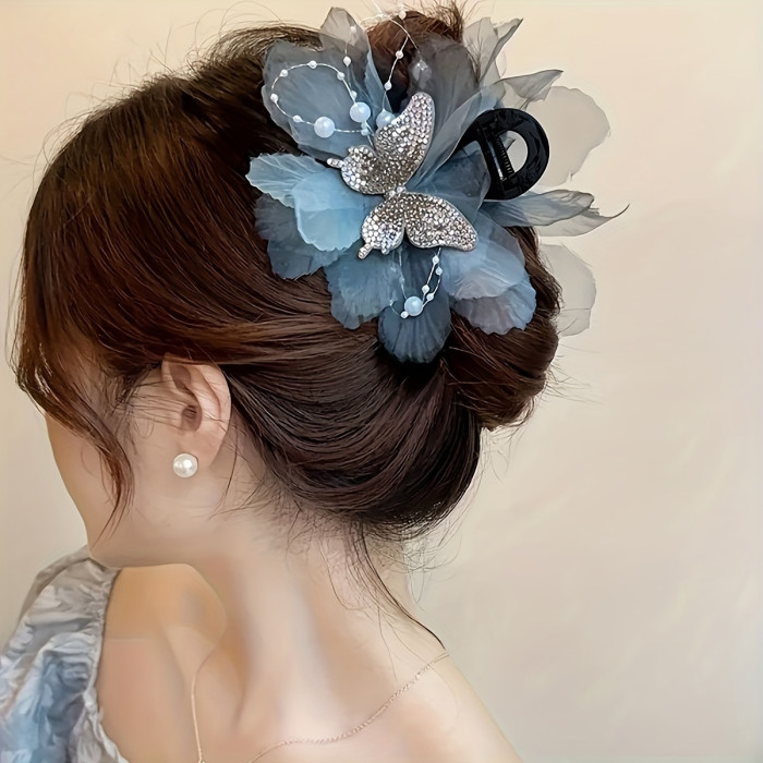 1pc Elegant Floral Beaded Hair Clip with Butterfly Accents – Large Shark Clip for Stylish Updos, Perfect Valentine's Day Gift, Blue and Black Floral Design with Pearl and Crystal Embellishments, Romantic Gift | Crystal Accents | Fabric Flowers, Shark Hair Clip