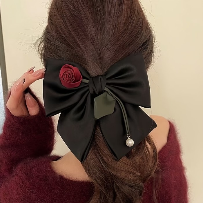 Elegant Rose Bow Hair Clip, Designer Spring Hairpin, Solid Color Fabric, Floral Bowtie Shape, Single Piece, Stylish Hair Accessory for Women