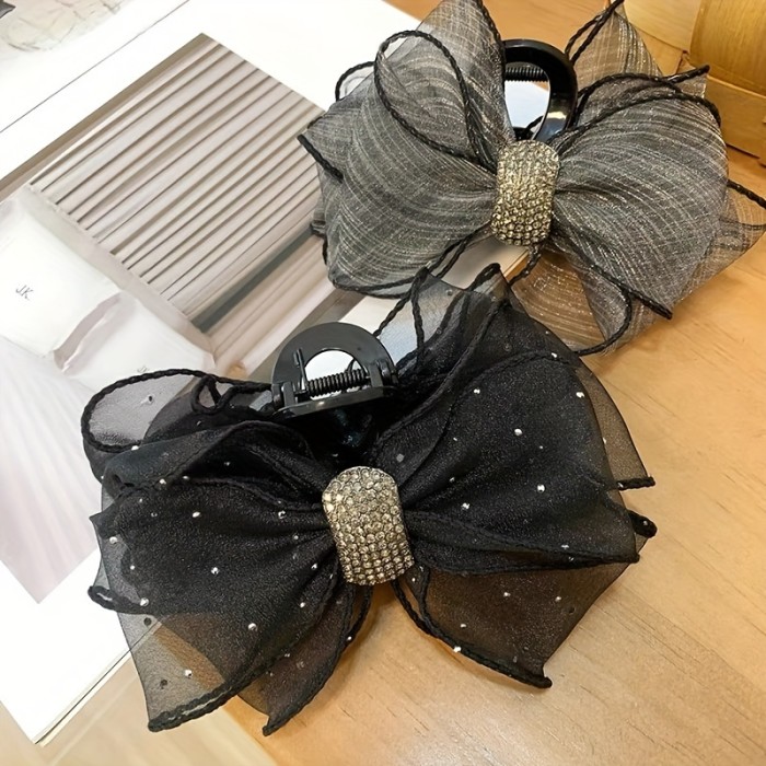 Elegant Rhinestone Mesh Bow Hair Claw - Large, Non-Slip Ponytail Holder for Women and Girls