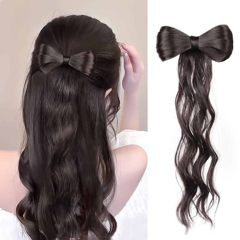 1pc Sweet Y2K Style Alloy Bow Tie Hair Clip, Solid Color Synthetic Hair Extension, Realistic Curly Ponytail Bun Hairpiece, Single Piece