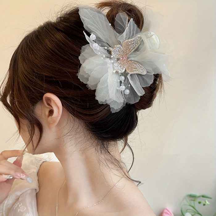 1pc Elegant Floral Beaded Hair Clip with Butterfly Accents – Large Shark Clip for Stylish Updos, Perfect Valentine's Day Gift, Blue and Black Floral Design with Pearl and Crystal Embellishments, Romantic Gift | Crystal Accents | Fabric Flowers, Shark Hair Clip