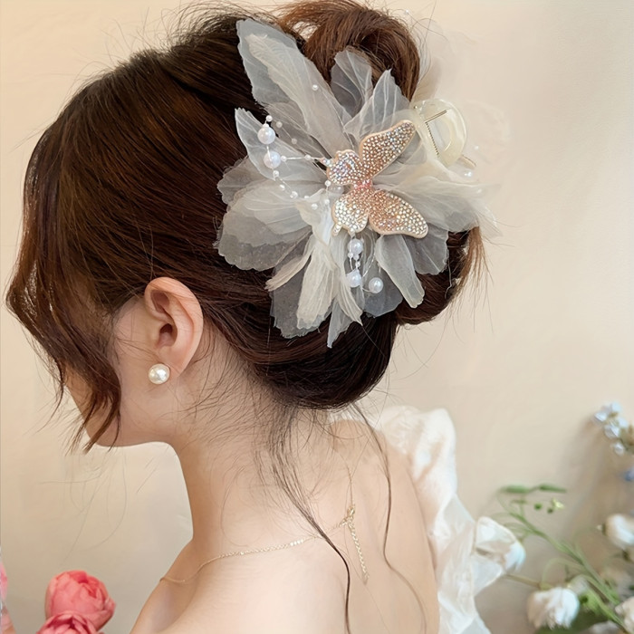 1pc Elegant Floral Beaded Hair Clip with Butterfly Accents – Large Shark Clip for Stylish Updos, Perfect Valentine's Day Gift, Blue and Black Floral Design with Pearl and Crystal Embellishments, Romantic Gift | Crystal Accents | Fabric Flowers, Shark Hair Clip