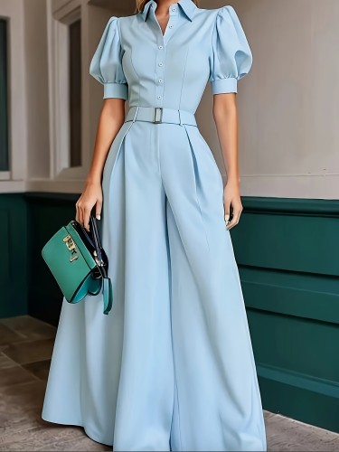 Elegant Light Blue Women's Jumpsuit with Fluffy Sleeves and Button-Up Front - Wide Leg Design, Polyester Fabric, Machine Washable, Perfect for Casual or Office Wear