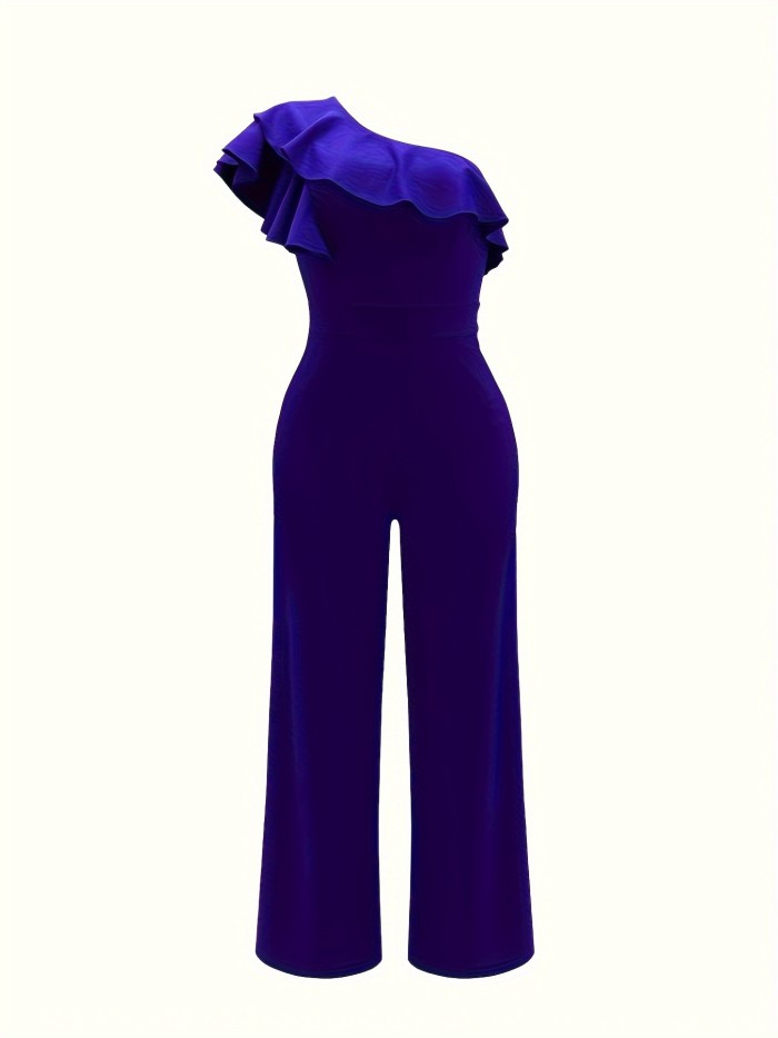 High Waist One-Shoulder Ruffle Jumpsuit for Women - Loose Fit, Solid Color, Perfect for Spring\u002FSummer\u002FFall