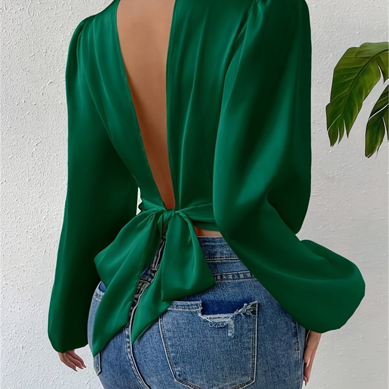 Backless Mock Neck Blouse, Elegant Knot Back Long Sleeve Blouse For Spring & Fall, Women's Clothing