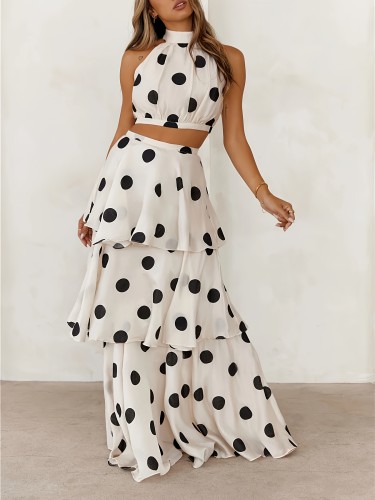 Elegant Women'S Off-Shoulder Polka Dot Skirt Suit - Beige Ruffle Hem, Crew Neck, Sleeveless Top & High-Waisted Skirt, Polyester, All-Season Wear, Offshoulder Fashion | Ruffle Hem Skirt | Polyester Fabric