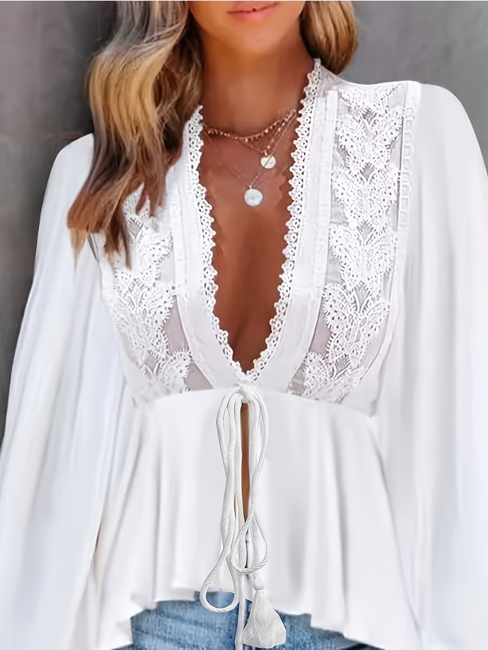 Elegant White Lace V-Neck Long Sleeve Blouse with Tie-Front Detail - Asymmetrical Hem, Ruffled Shoulder Sleeves, Perfect for Spring\u002FSummer\u002FFall, Women'S Fashion, Ladies Blouses