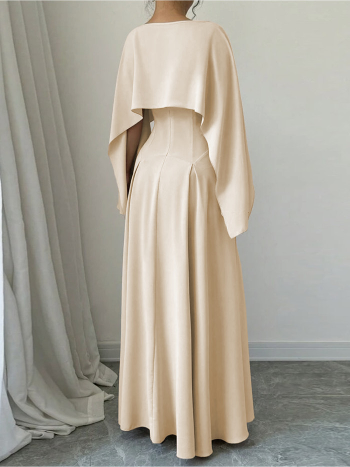 Elegant Cape Sleeve Knit Dress for Adult - Solid Color, Sleeveless, Fitted, All Seasons, No Belt, No Padding, Knit Fabric, Crew Neck