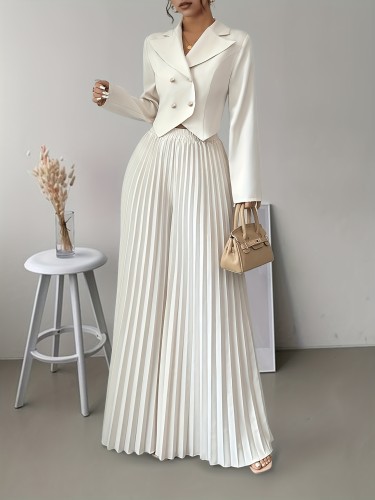 2-Piece Elegant Women's Suit - Double-Breasted Top & Pleated Pants Set, Fashionable for Commuting
