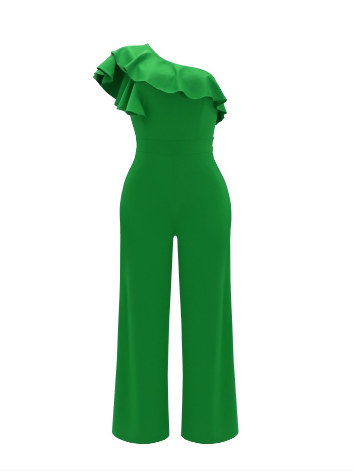 High Waist One-Shoulder Ruffle Jumpsuit for Women - Loose Fit, Solid Color, Perfect for Spring\u002FSummer\u002FFall