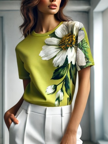 Spring And Summer Stylish Mom Commuting Vacation Floral Print Round Neck T-Shirt