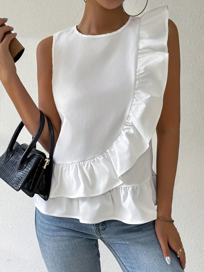 1pc Raffinéa Women's Sleeveless Summer Top, Solid Color Polyester Crew Neck with Ruffle Hem Detail, Woven Casual Shirt for All Seasons
