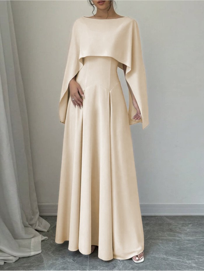 Elegant Cape Sleeve Knit Dress for Adult - Solid Color, Sleeveless, Fitted, All Seasons, No Belt, No Padding, Knit Fabric, Crew Neck