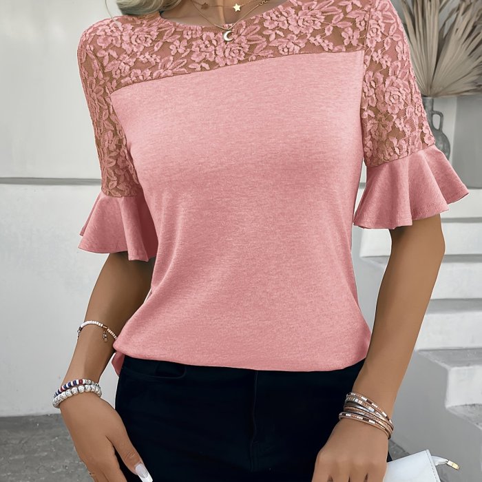Women'S Elegant Pink Knit Top with Lace Detail and Ruffled Sleeves - Casual Crew Neck T-Shirt, All-Season Fashion, Sleeveless Tee | Lace Top | Knit Texture