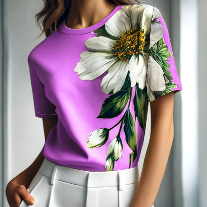 Spring And Summer Stylish Mom Commuting Vacation Floral Print Round Neck T-Shirt