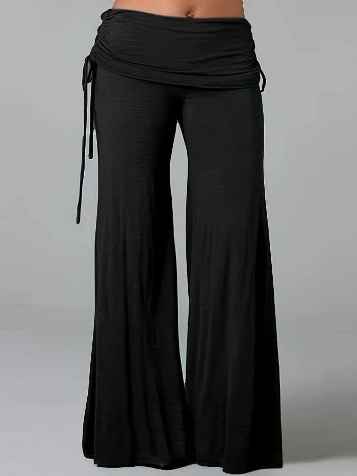 Women's Soft Polyester High-Waisted Wide Leg Pants - Black, Relaxed Fit, Drawstring, Machine Washable for All-Season Comfort