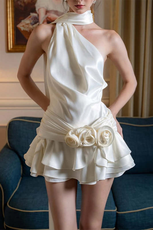 Sexy Backless Flounce Flower Shape Halter A Line Dresses