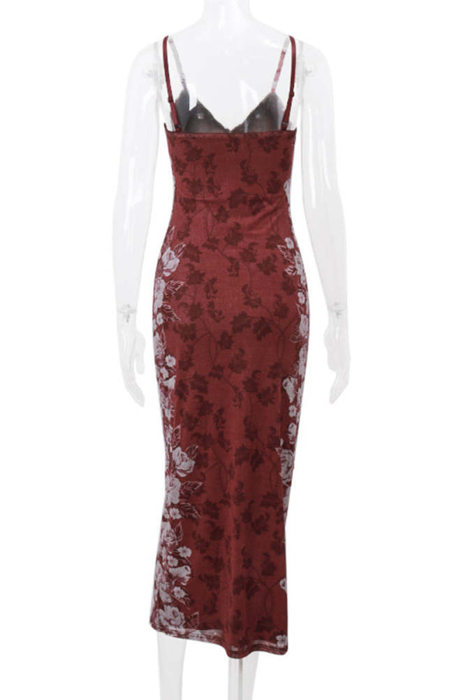 Sexy Flowers Patchwork Contrast V Neck One Step Skirt Dresses