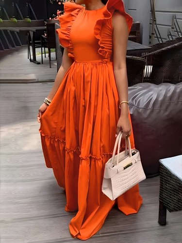 Elegant Orange Ruffle-Trimmed A-Line Dress - Casual Round Neck, Cinched Waist Design, Polyester & Spandex Blend, Machine Washable - Perfect for Spring\u002FFall Fashion Events