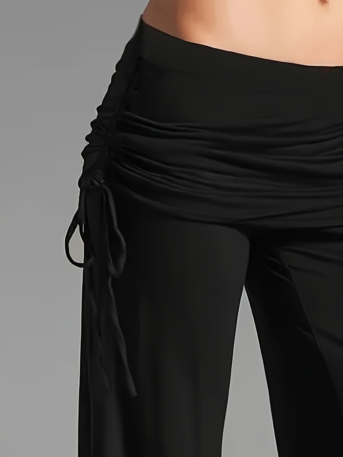 Women's Soft Polyester High-Waisted Wide Leg Pants - Black, Relaxed Fit, Drawstring, Machine Washable for All-Season Comfort