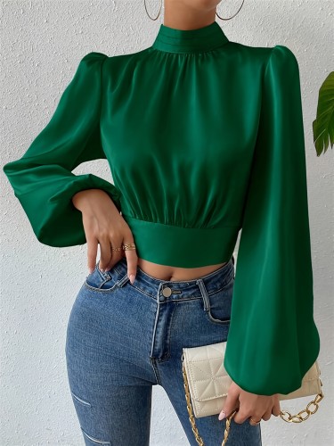 Backless Mock Neck Blouse, Elegant Knot Back Long Sleeve Blouse For Spring & Fall, Women's Clothing