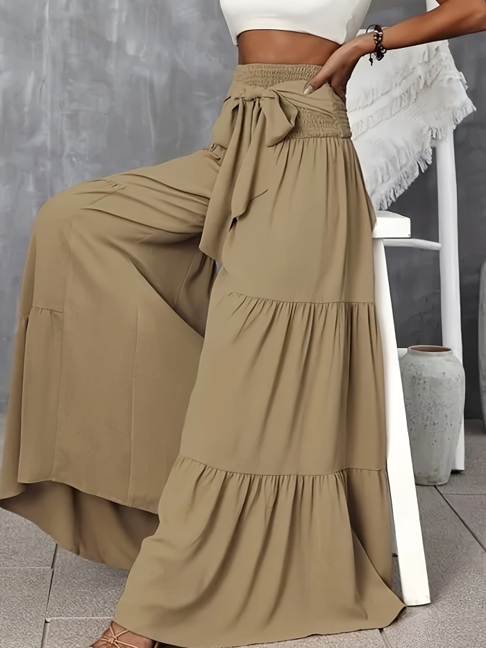 Women's Elegant Wide-Leg Pants with Tie Waist - High Rise, Flowing Design, Solid Beige Color, Polyester Fabric, Machine Washable, All-Season Comfort