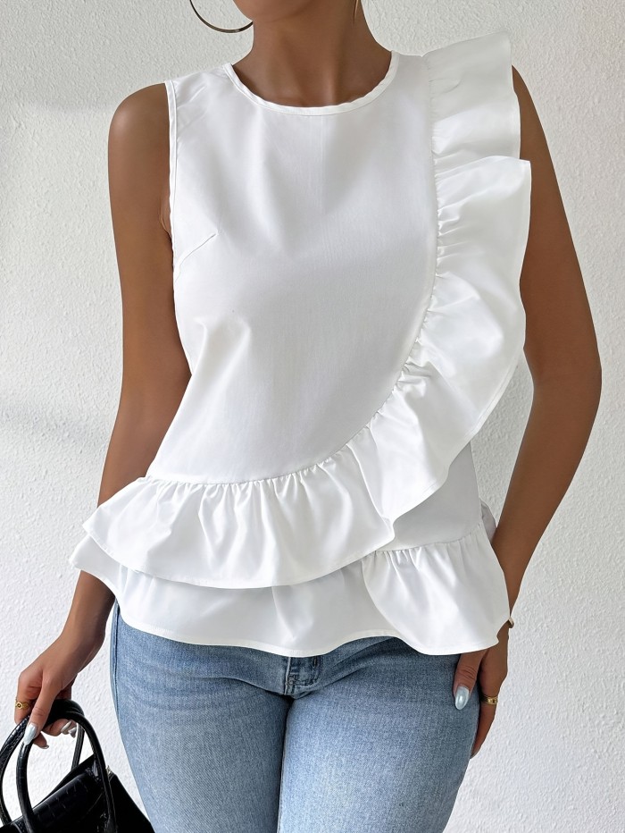 1pc Raffinéa Women's Sleeveless Summer Top, Solid Color Polyester Crew Neck with Ruffle Hem Detail, Woven Casual Shirt for All Seasons