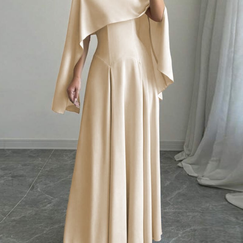 Elegant Cape Sleeve Knit Dress for Adult - Solid Color, Sleeveless, Fitted, All Seasons, No Belt, No Padding, Knit Fabric, Crew Neck