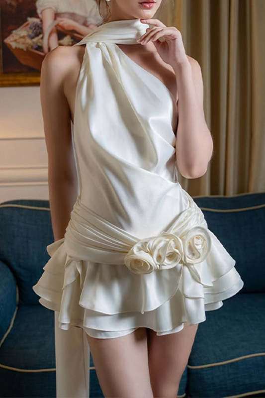 Sexy Backless Flounce Flower Shape Halter A Line Dresses