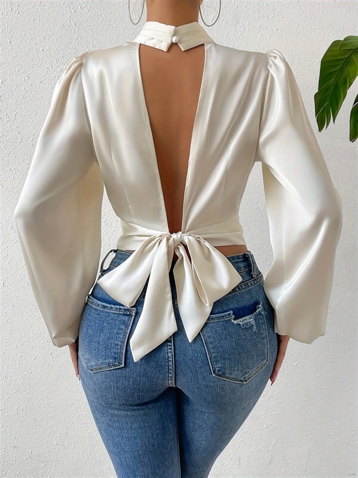 Backless Mock Neck Blouse, Elegant Knot Back Long Sleeve Blouse For Spring & Fall, Women's Clothing