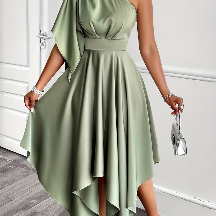 Women's Elegant Asymmetric One-Shoulder Satin Dress with Ruched Bodice & Flowy Skirt, A-Line Waist, Long Sleeves - Solid Color Machine Washable for Spring Summer Fall
