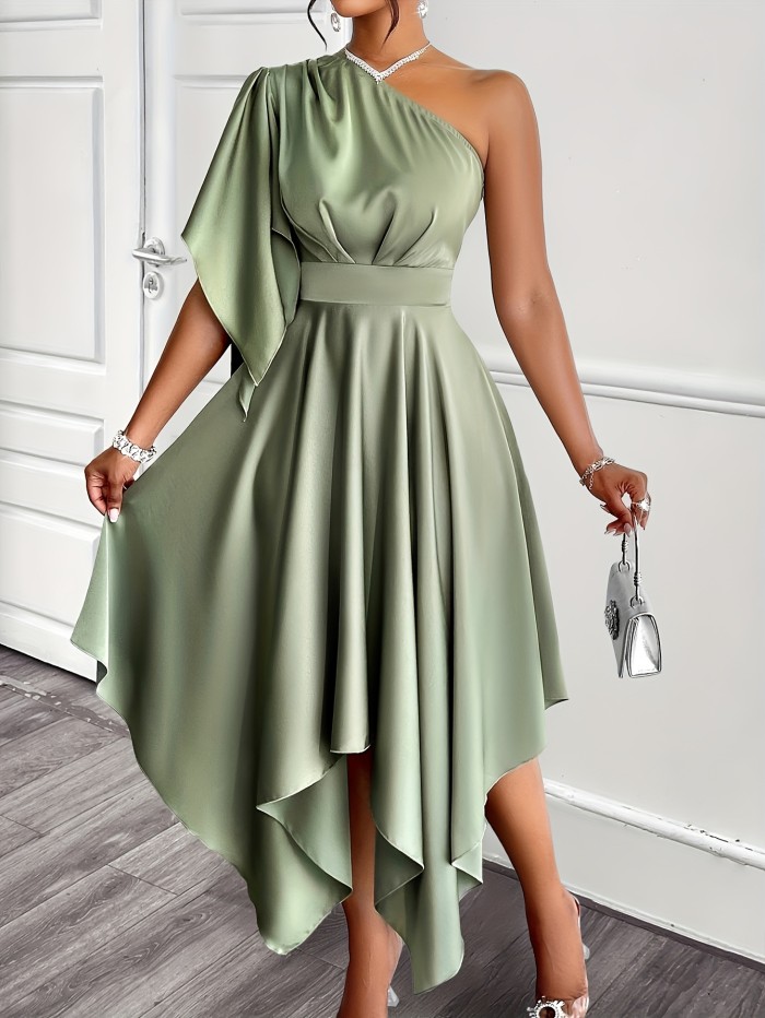Women's Elegant Asymmetric One-Shoulder Satin Dress with Ruched Bodice & Flowy Skirt, A-Line Waist, Long Sleeves - Solid Color Machine Washable for Spring Summer Fall