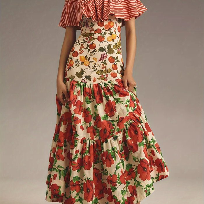 Women Off-shoulder Dress, Sleeveless Striped Fruit Flower Print Cocktail Dress Summer Long Dress