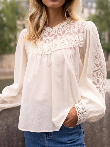 Elegant White Lace Blouse with Floral Embroidery - Long Sleeve, Crew Neck, Button-Up Top for Women, Perfect for Spring & Fall, Casual to Formal Wear, Casual Attire | Lace Embroidery Top | Intricate Lace Detail, Lace Blouses