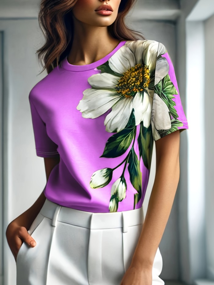 Spring And Summer Stylish Mom Commuting Vacation Floral Print Round Neck T-Shirt