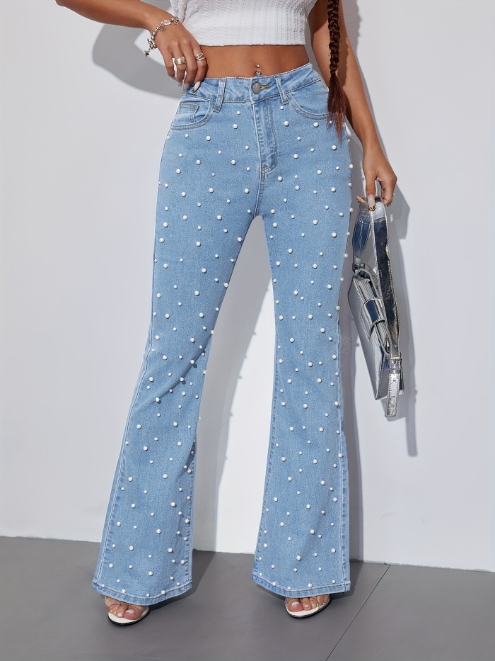 Women's Stylish Flared Jeans with Faux Pearl Embellishments, High-Waisted Comfortable Stretch Denim, Washed Finish for All Seasons, Elegant Casual Look, Chic Daywear | Modern Chic Jeans | Faux Pearl Detail