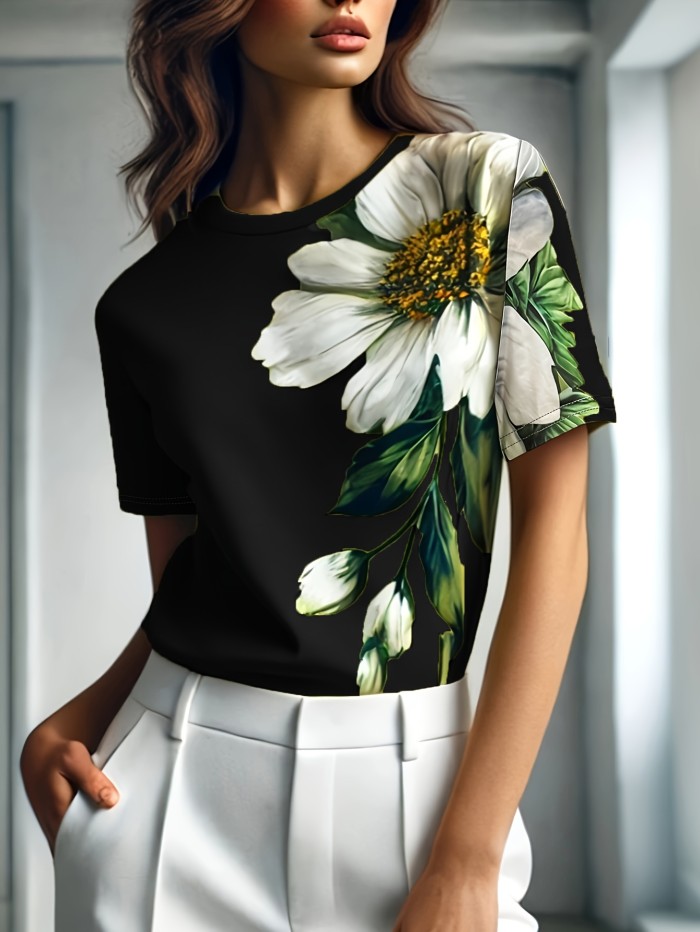 Spring And Summer Stylish Mom Commuting Vacation Floral Print Round Neck T-Shirt