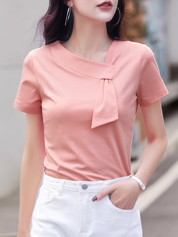 Elegant Peach Women's Blouse with Tie-Front Detail - Slim Fit, Short Sleeve, Polyester & Elastane Blend, Machine Washable - Perfect for Spring & Summer, Casual or Office Wear