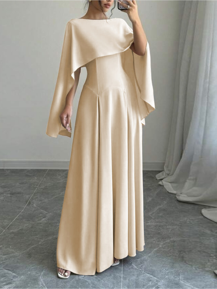 Elegant Cape Sleeve Knit Dress for Adult - Solid Color, Sleeveless, Fitted, All Seasons, No Belt, No Padding, Knit Fabric, Crew Neck