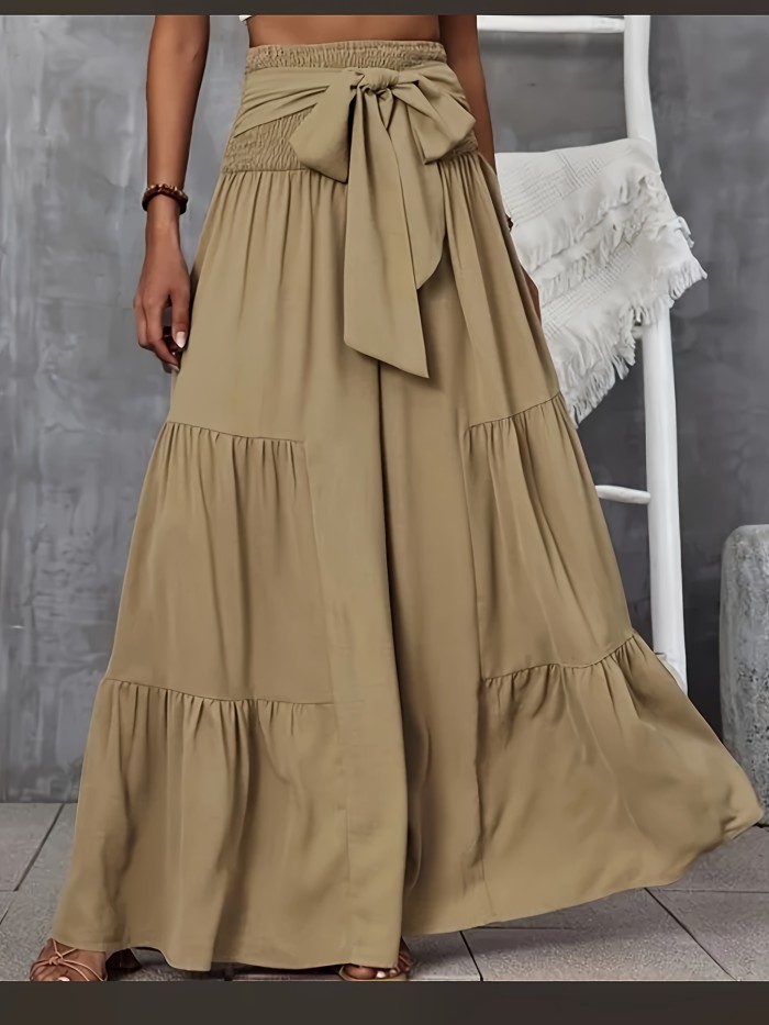 Women's Elegant Wide-Leg Pants with Tie Waist - High Rise, Flowing Design, Solid Beige Color, Polyester Fabric, Machine Washable, All-Season Comfort