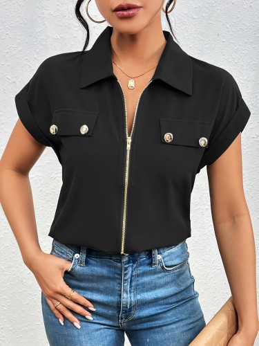 Comfortable Short Sleeve Chic Blouse Chic Allure, Elegant Solid Color Zip-Up Blouse with Chic Lapel Collar - Comfortable Short Sleeve Top for Women, Perfect for Casual Wear, Dates, Parties & Business Occasions