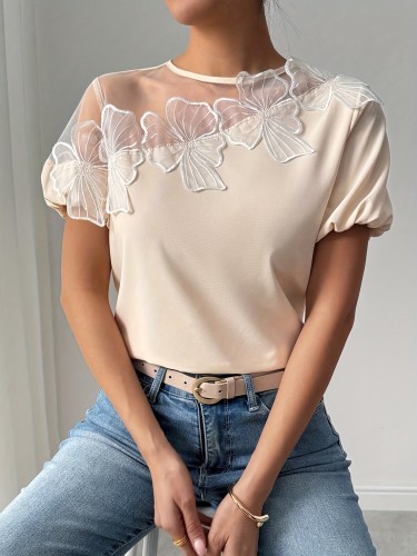 Women'S Elegant Floral Lace Blouse with Sheer Mesh Overlay and Puff Sleeves - Cream Color, Asymmetrical Hem, Perfect for Vacation, Commuting, Parties, Work, and Casual Wear, Party Blouse | Floral Lace Top | Blouses