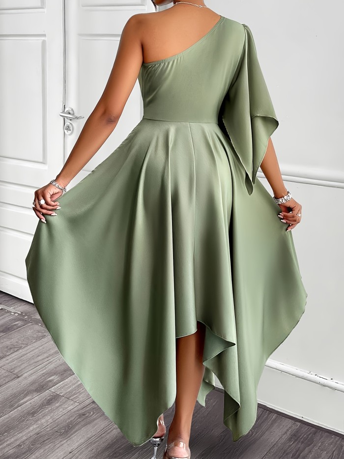 Women's Elegant Asymmetric One-Shoulder Satin Dress with Ruched Bodice & Flowy Skirt, A-Line Waist, Long Sleeves - Solid Color Machine Washable for Spring Summer Fall